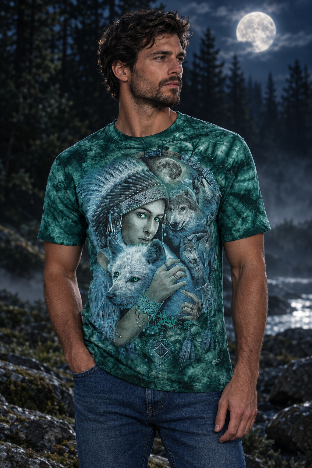 Model trägt das Green Spirit Wolf T-Shirt in einer nächtlichen Naturkulisse