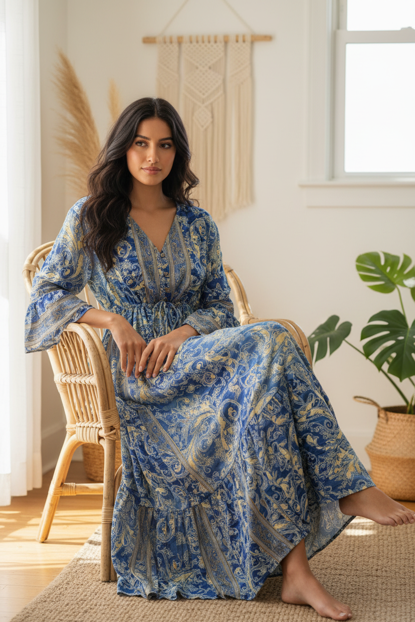 Boho Maxi Kleid Kobaltblau Gelb Baroque Paisley – Sitzbild