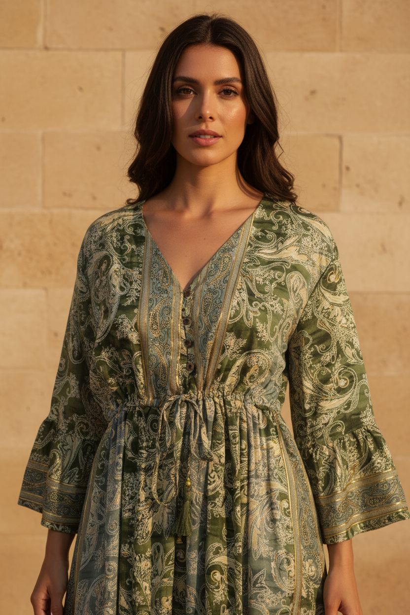 Boho Maxi Kleid Olive Gold Paisley – Detailbild Ausschnitt