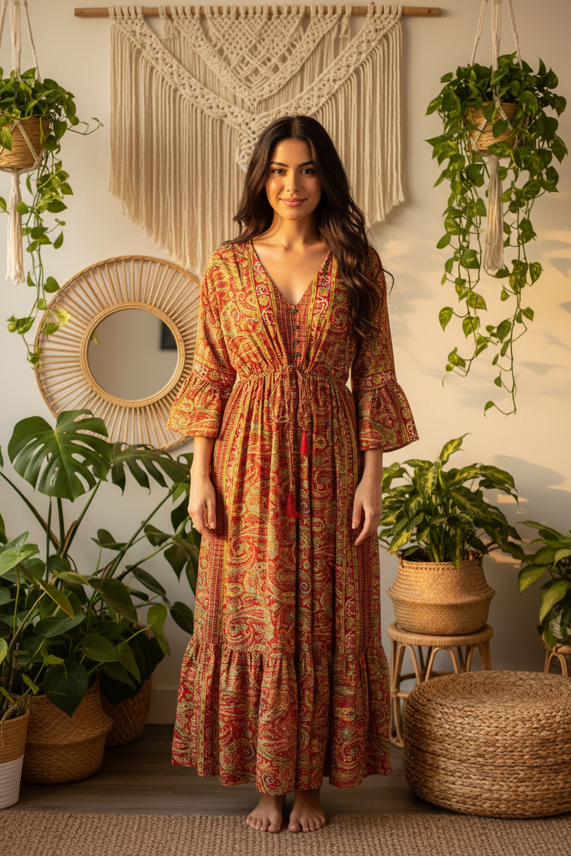 Boho Maxi Kleid Rot Gold Paisley – Boho Stehend
