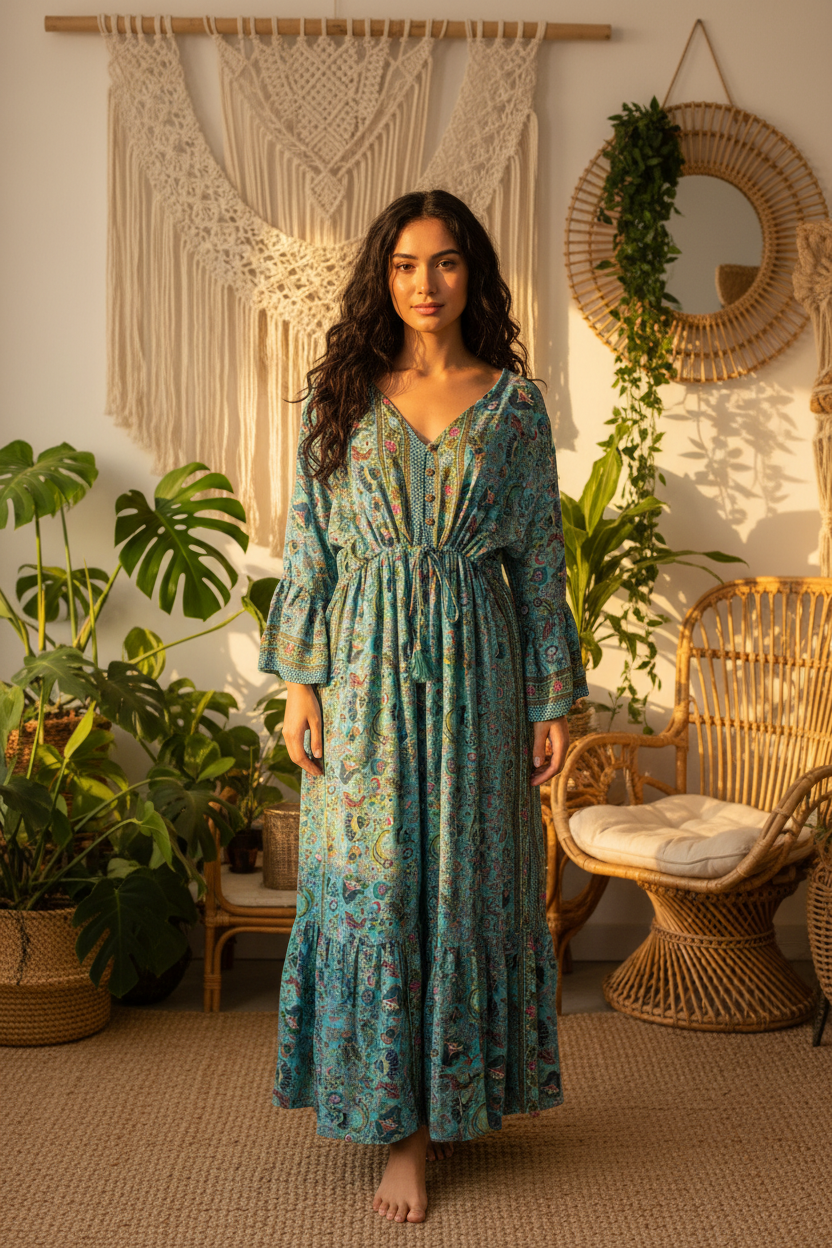 Boho Maxi Kleid Türkis Paisley – Boho Stehend