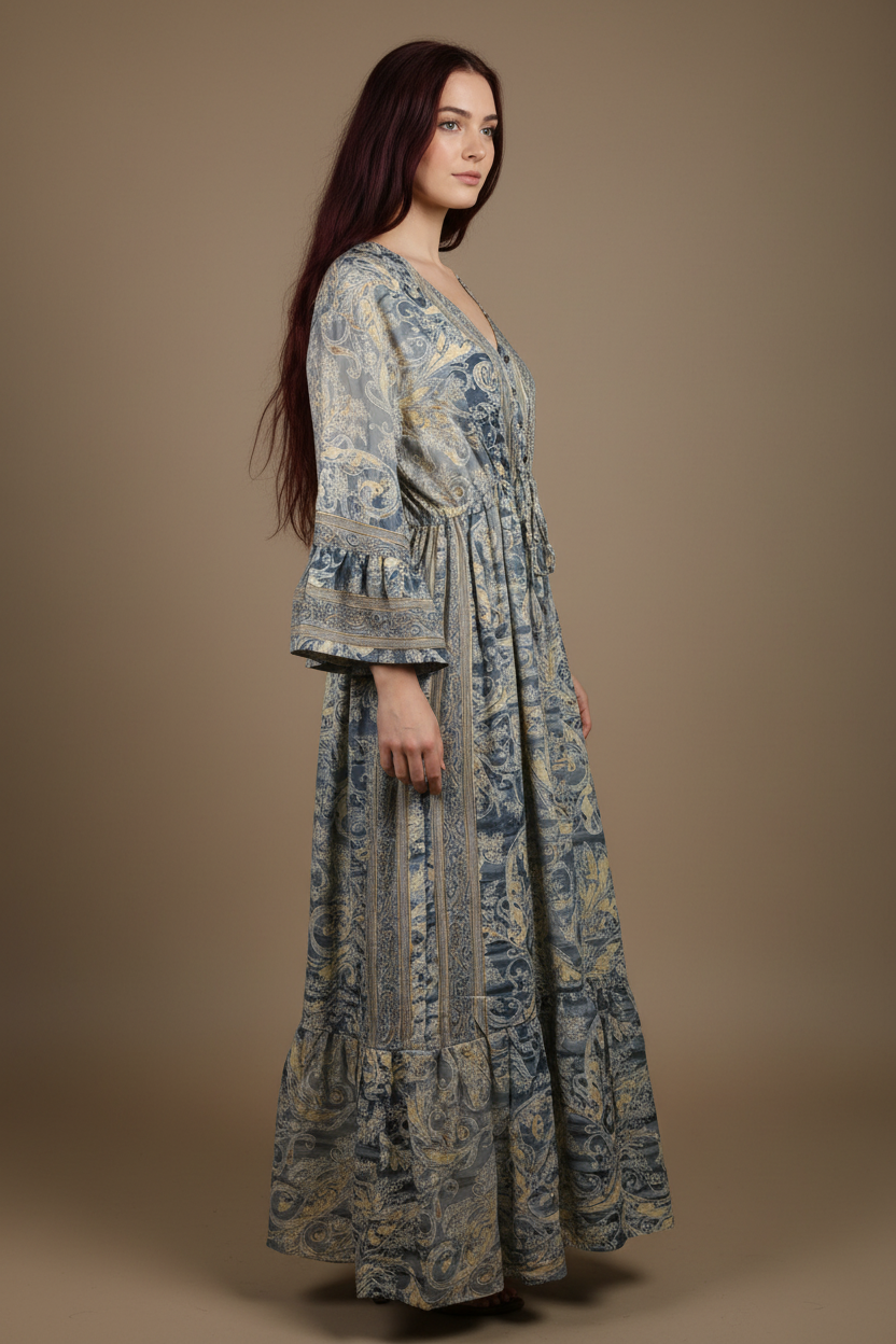 Boho Maxi Kleid Stahlblau Beige Baroque Paisley – Seitenansicht