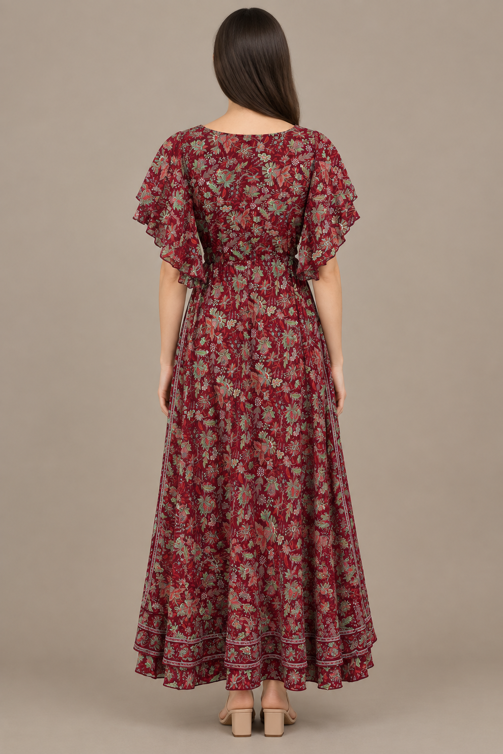 Boho Maxikleid Bordeauxrot Mintgrün – Rückansicht
