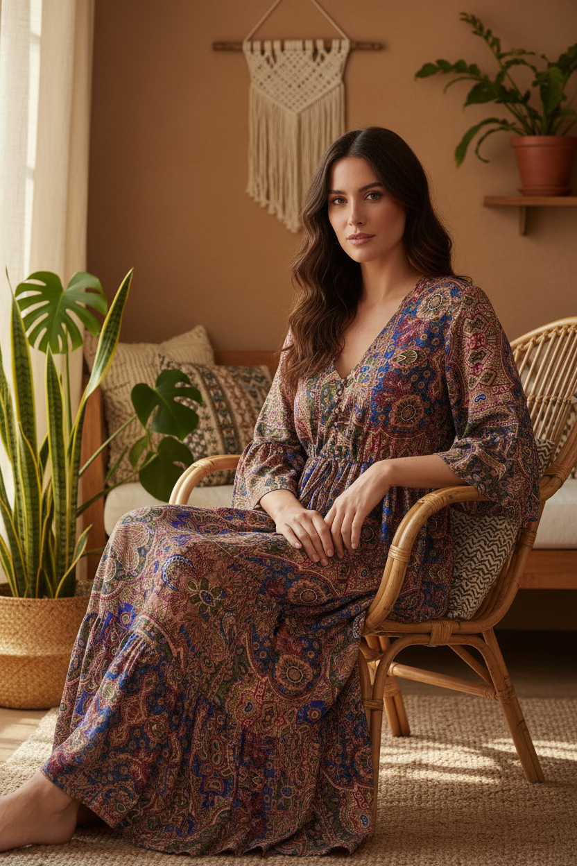 Boho Maxi Kleid Bordeaux Blau Patchwork – Sitzbild Boho