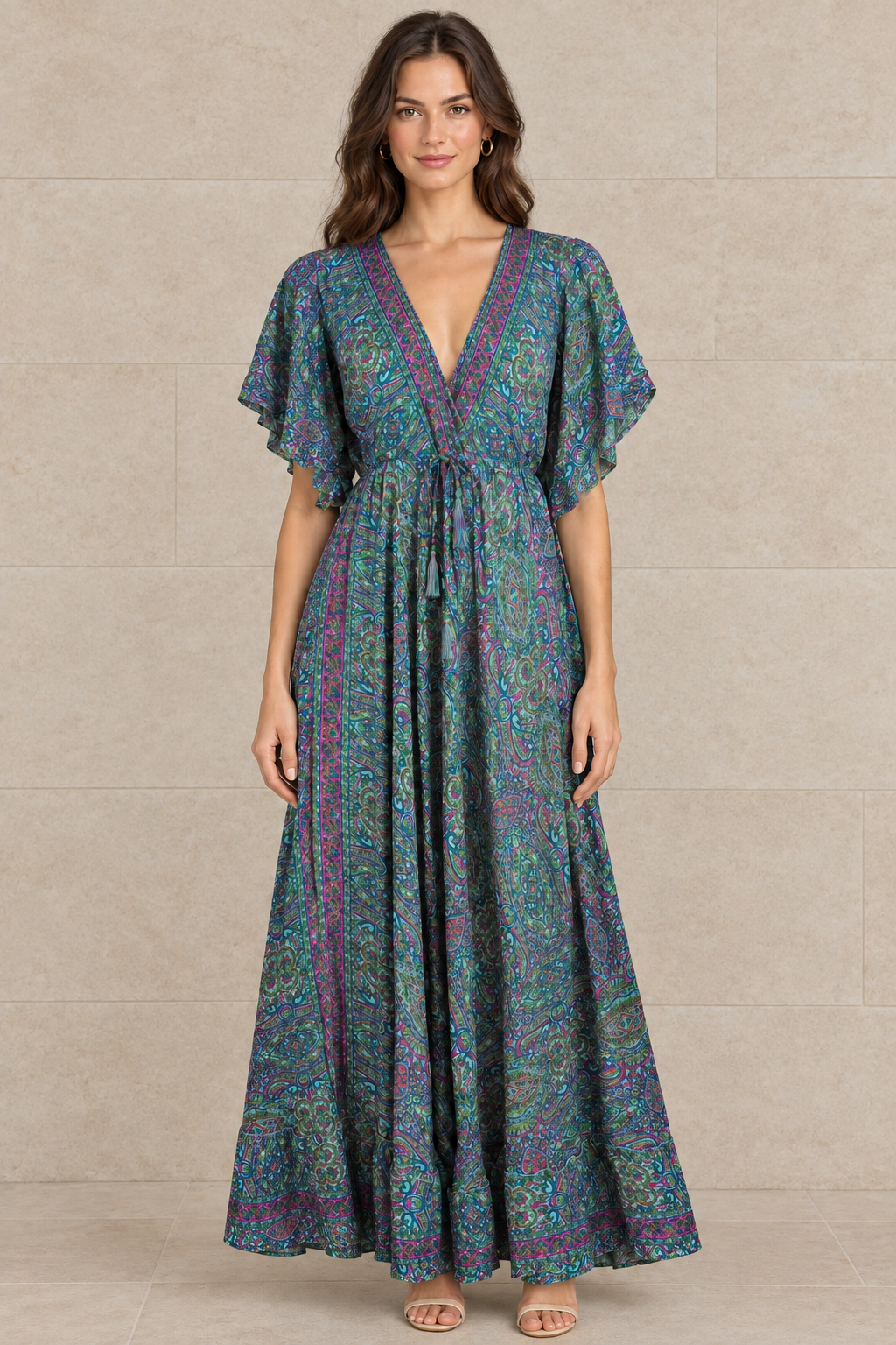 Boho Maxikleid Petrol Türkis vor Steinwand