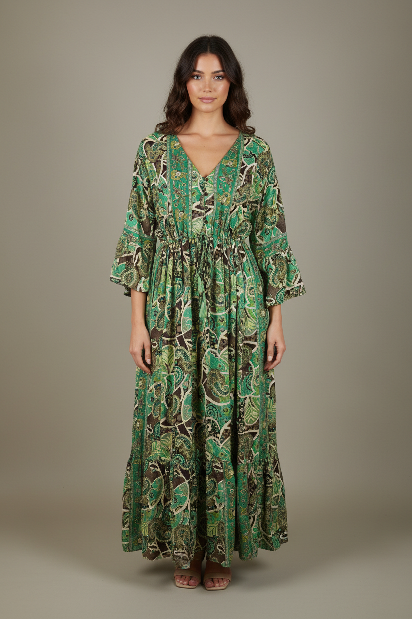 Boho Maxi Kleid Smaragd Dunkelbraun Paisley – Studio Hauptbild