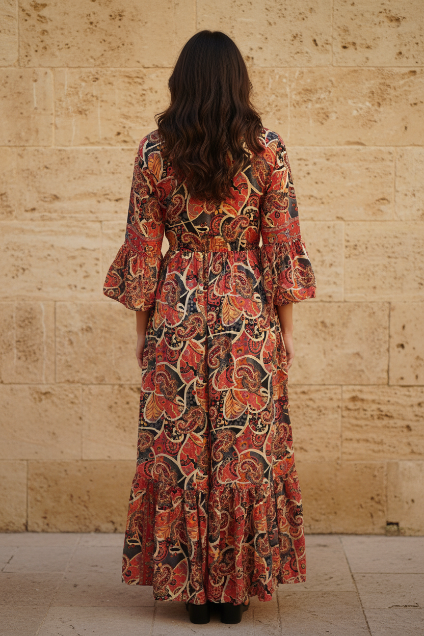 Boho Maxi Kleid Rot Anthrazit Paisley – Rückseite Steinwand