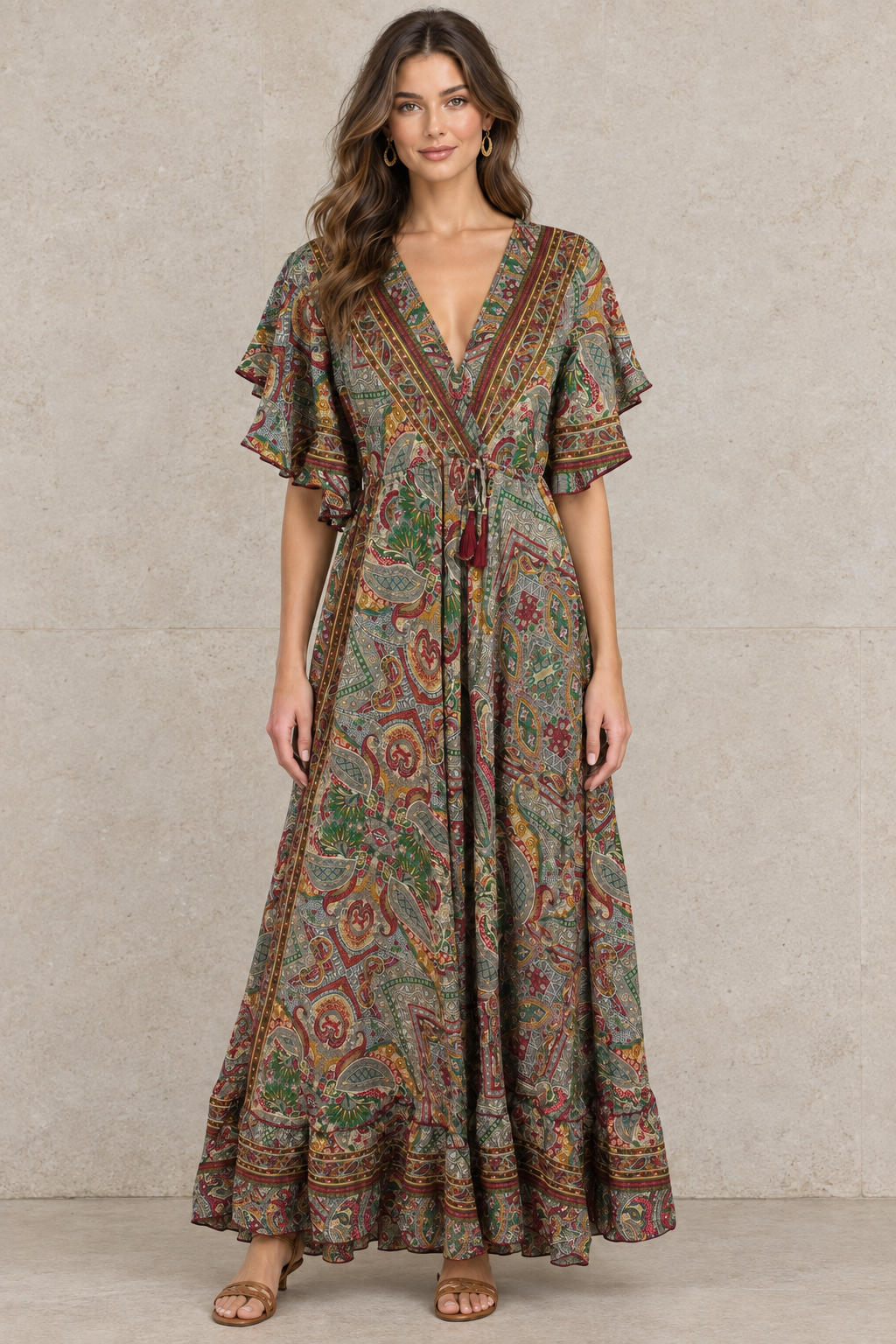 Boho Maxikleid Taupe Olivgrün vor Steinwand