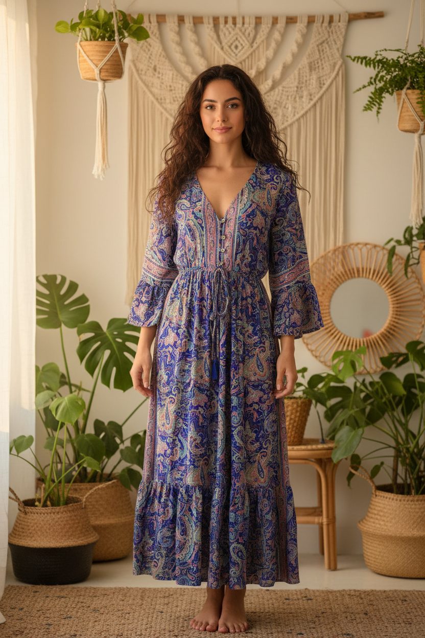 Boho Maxi Kleid Royal-Blau Paisley – Boho Stehend