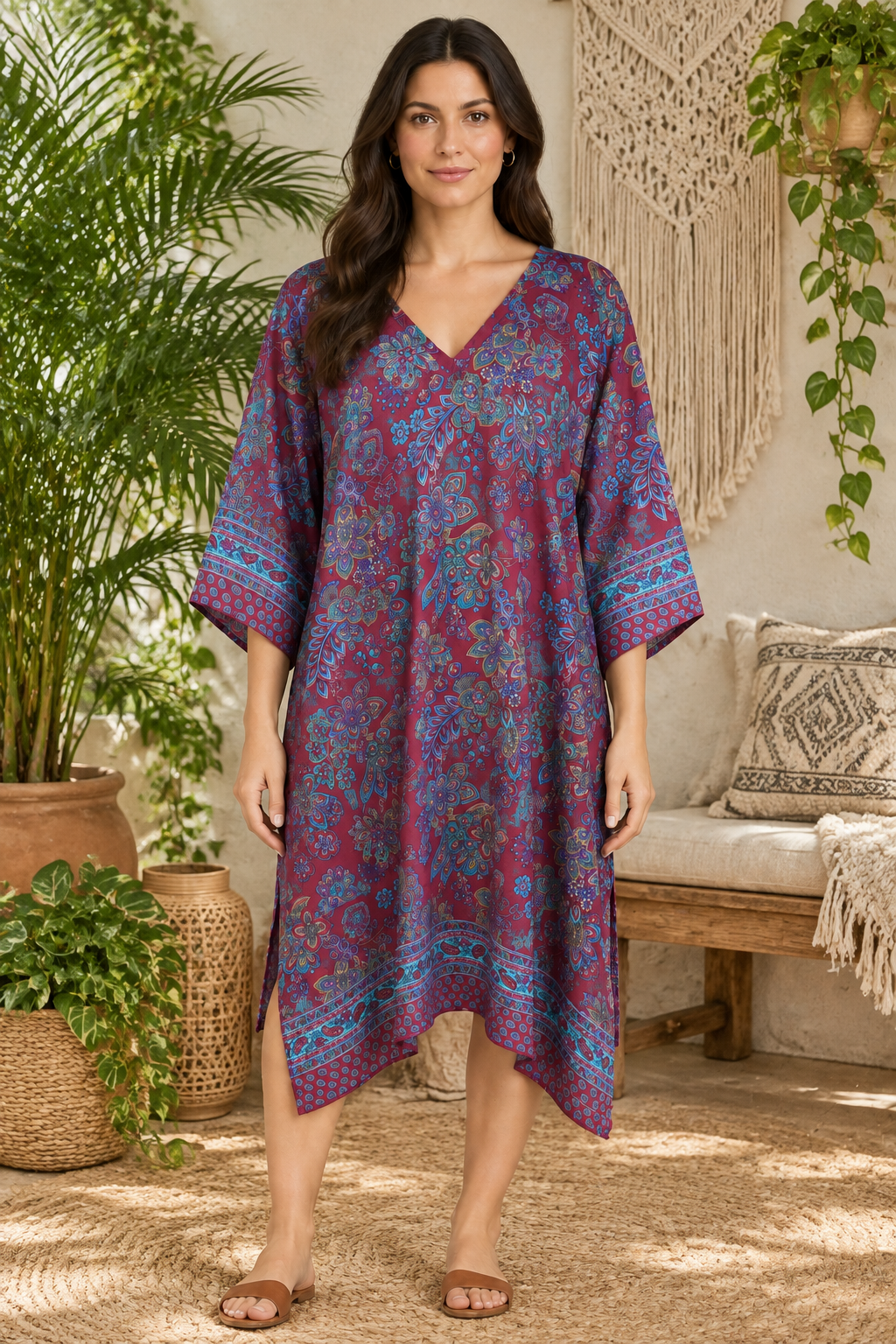 Boho Tunika Bordeaux und Türkis im Boho-Ambiente