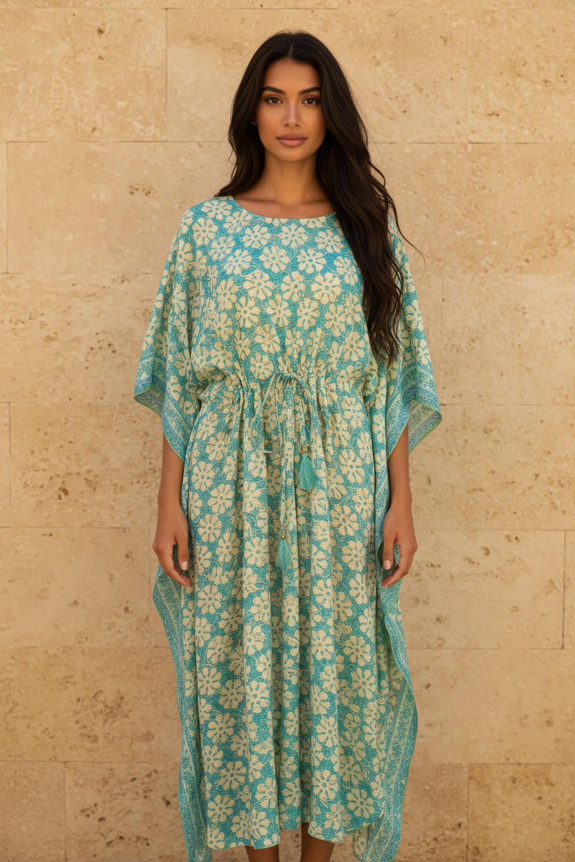 Boho Kaftan Türkis Mint Blumen-Print – Steinwand