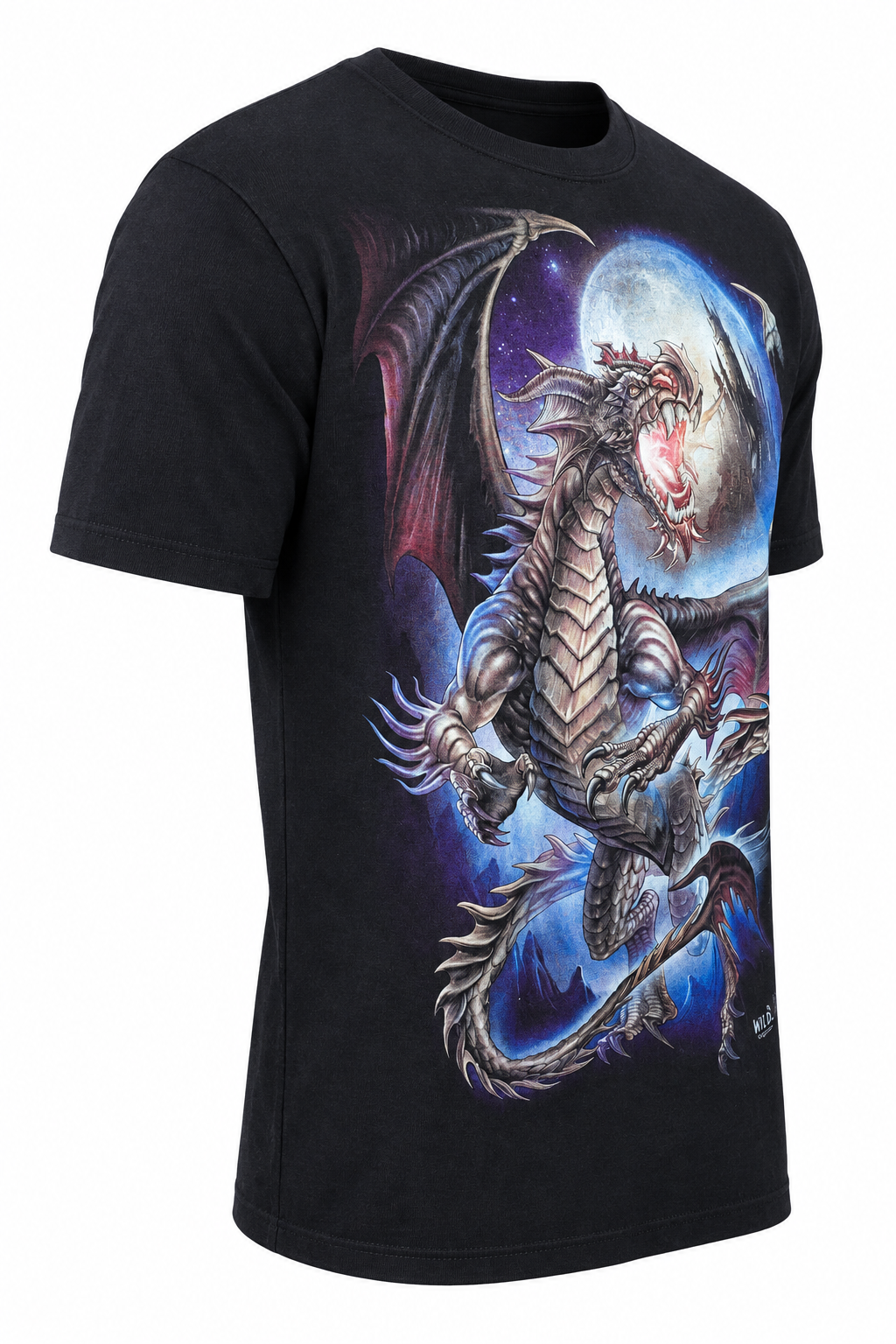 Moon Dragon Fantasy T-Shirt in der Seitenansicht auf digitalem Shop-Weiß