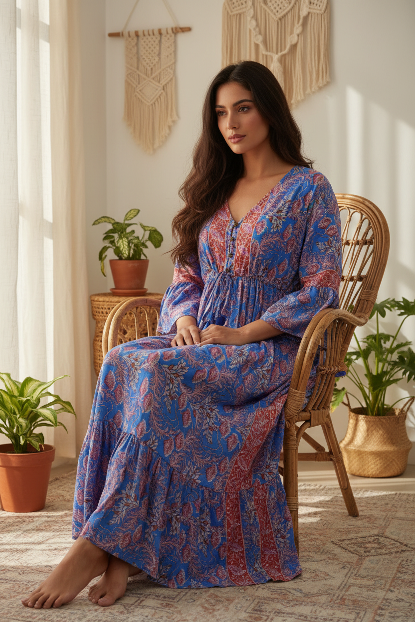 Boho Maxi Kleid Blau Pink Blockprint – Sitzbild