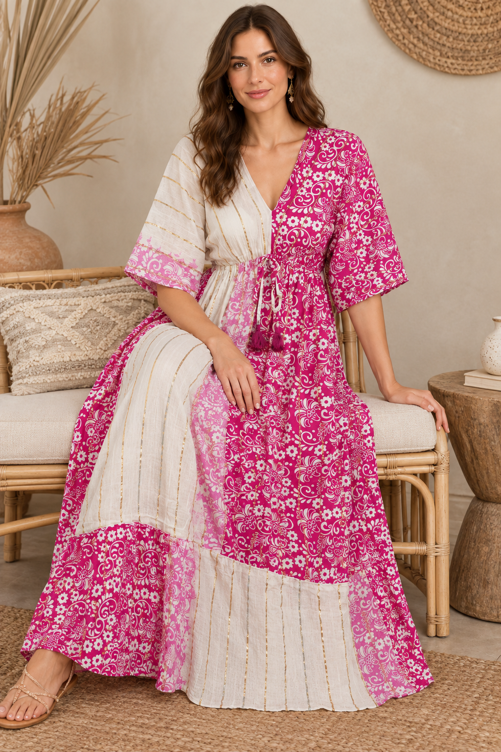 Boho Maxikleid Fuchsia Rosa Creme – Sitzbild