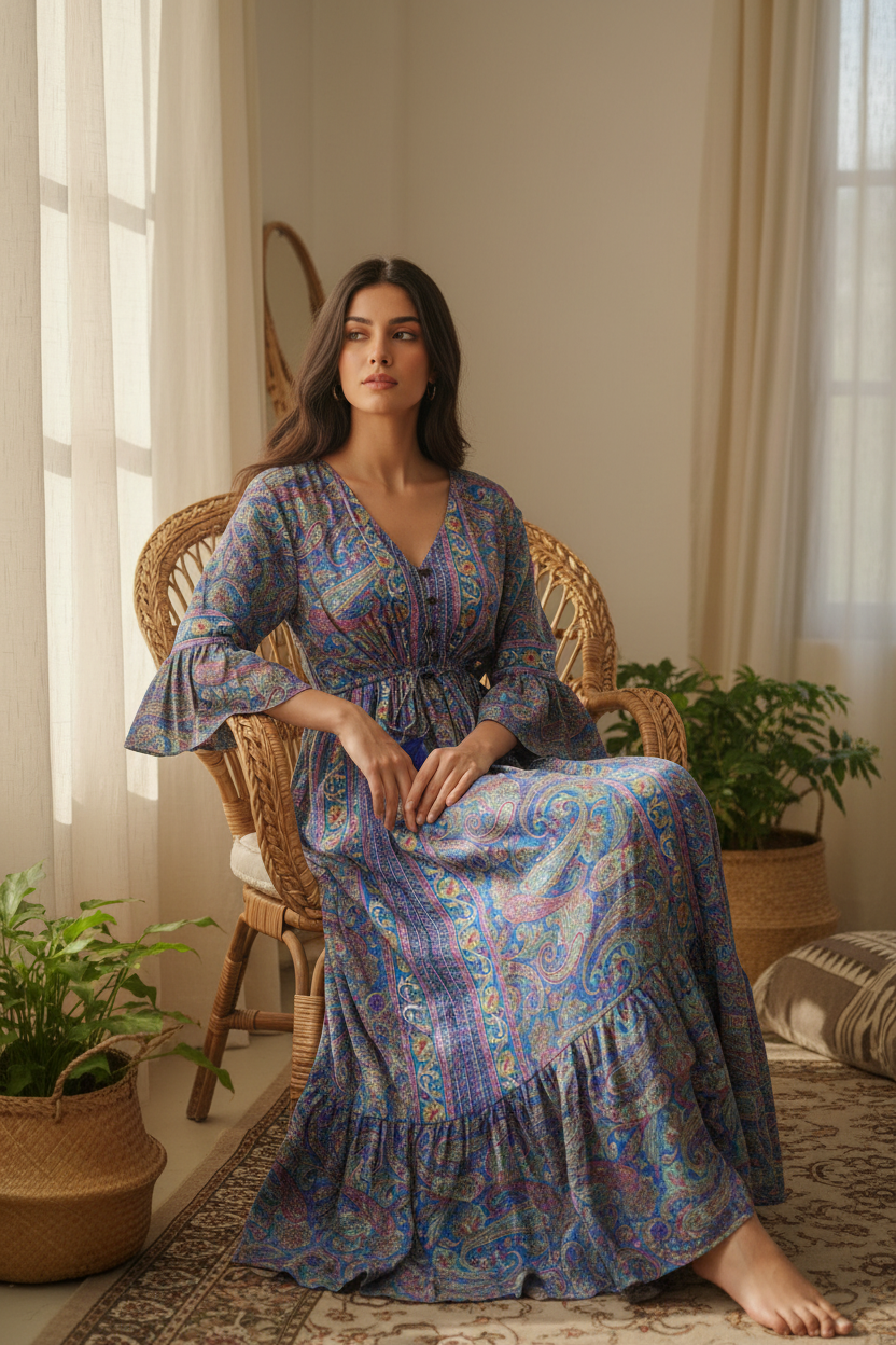 Boho Maxi Kleid Blau Lila Paisley – Sitzbild