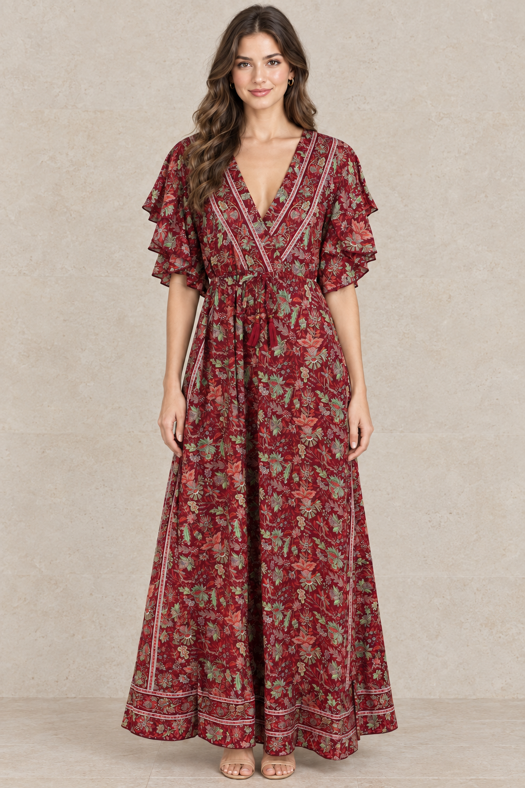 Boho Maxikleid Bordeauxrot Mintgrün vor Steinwand