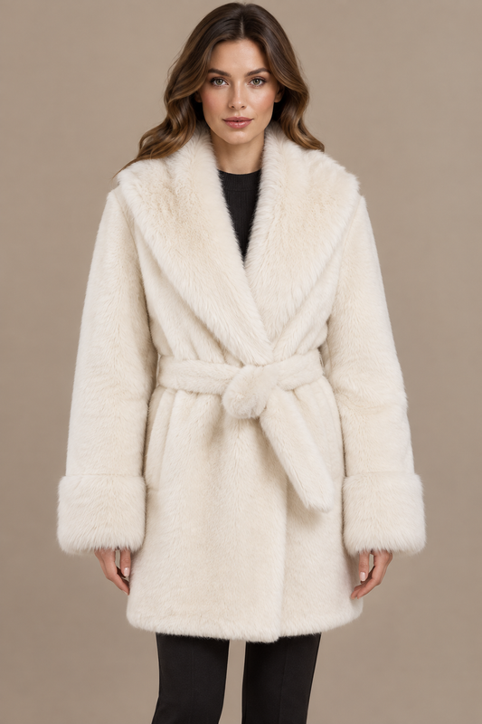 Cremeweißer Fellmantel mit breitem Kragen und Bindegürtel frontal am Model