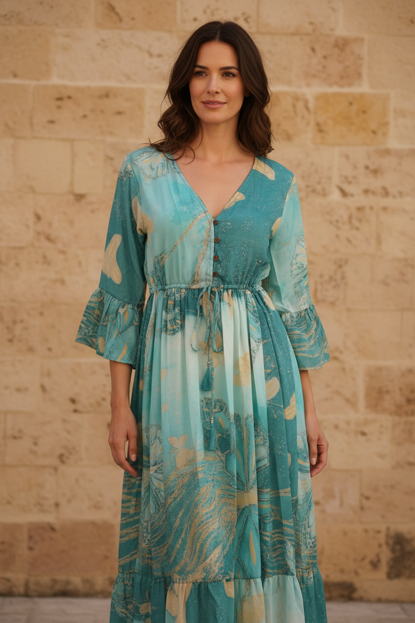 Boho Maxi Kleid Türkis – Steinwand Stehend