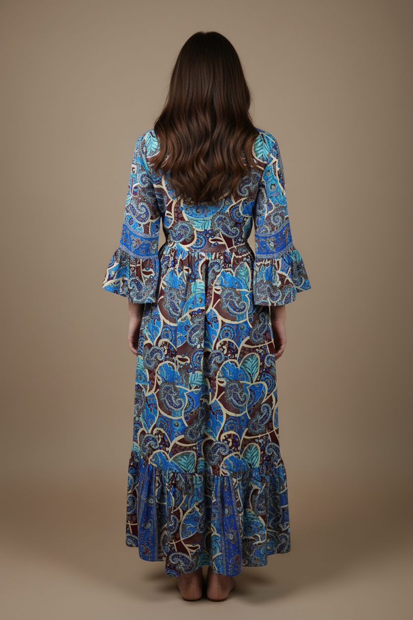 Boho Maxi Kleid Blau Bordeaux Paisley – Rückseite
