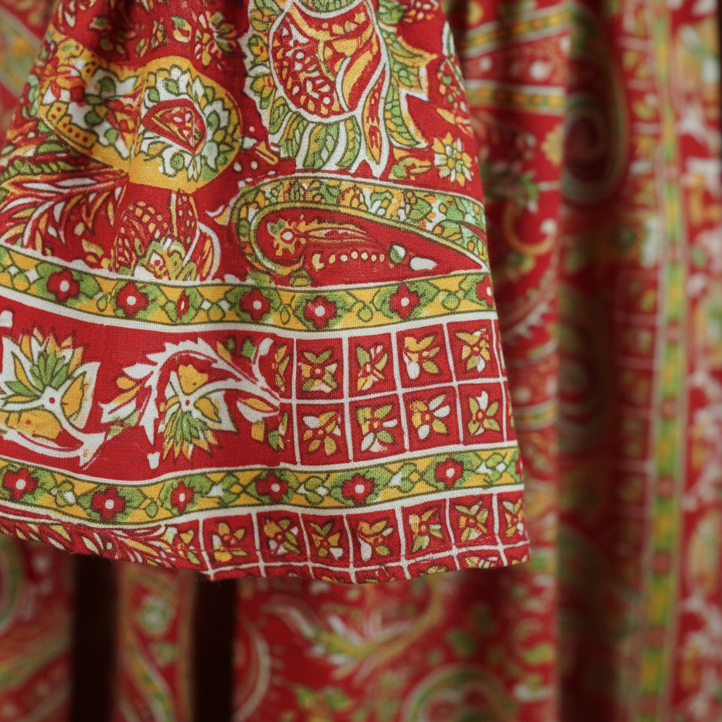 Boho Maxi Kleid Rot Gold Paisley – Detailbild