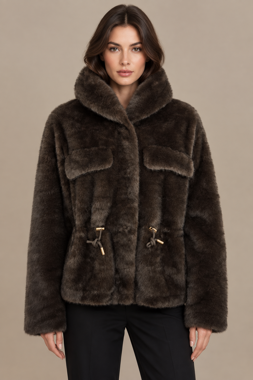 Dunkelbraune Felljacke mit hohem Kragen und Brusttaschen frontal am Model