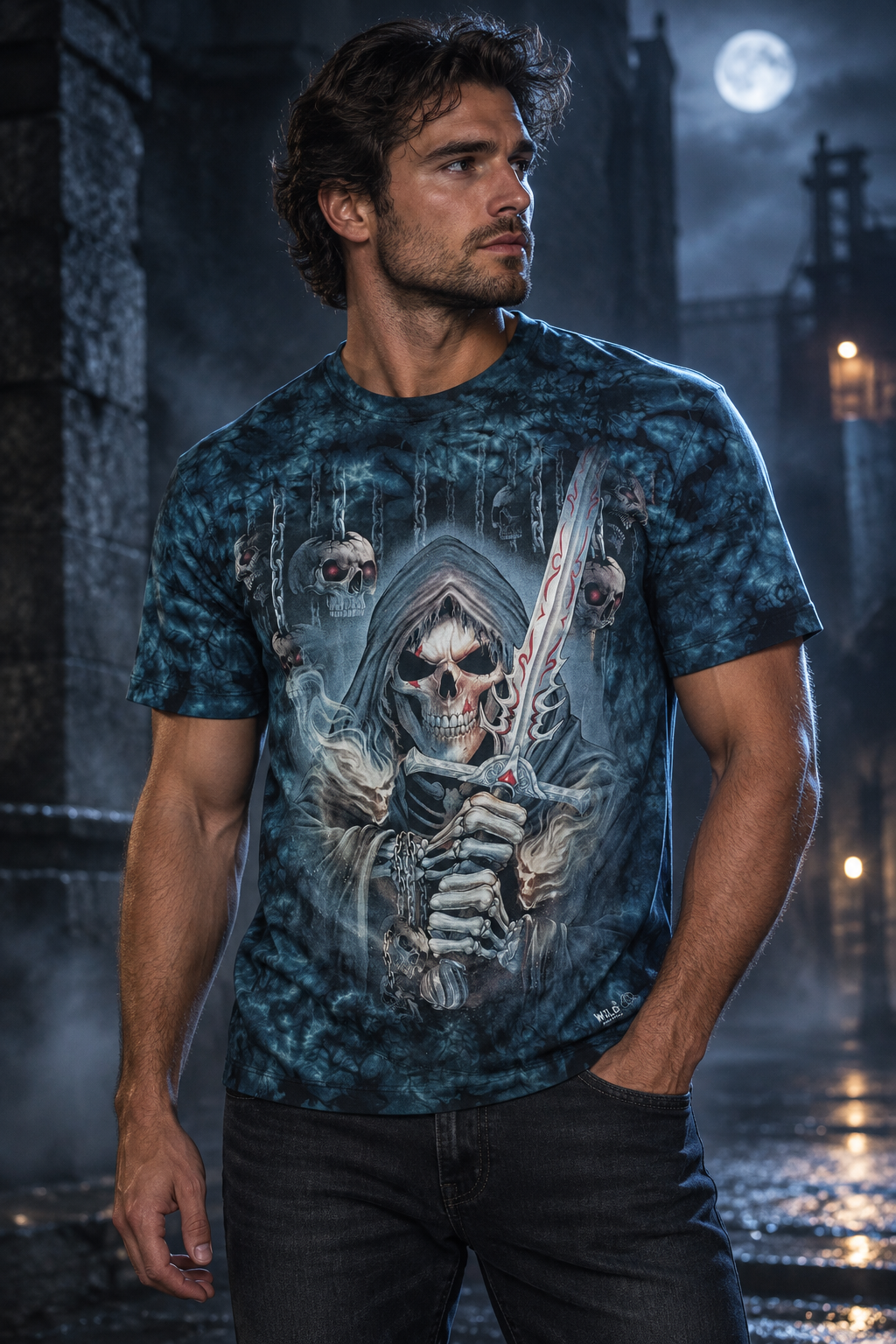 Model trägt das Red Skull Warrior T-Shirt in einer nächtlichen Dark-Streetwear-Szene