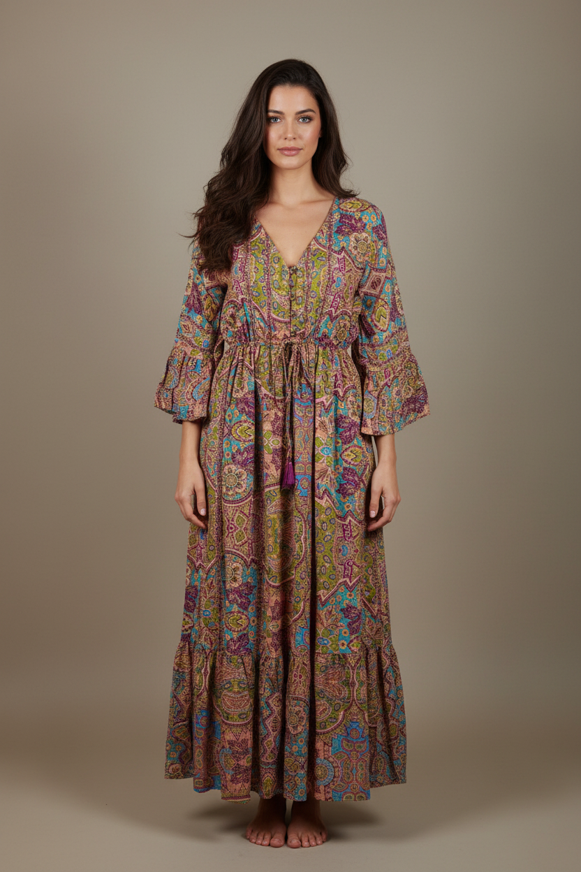 Boho Maxi Kleid Peach Türkis Patchwork – Studio Hauptbild