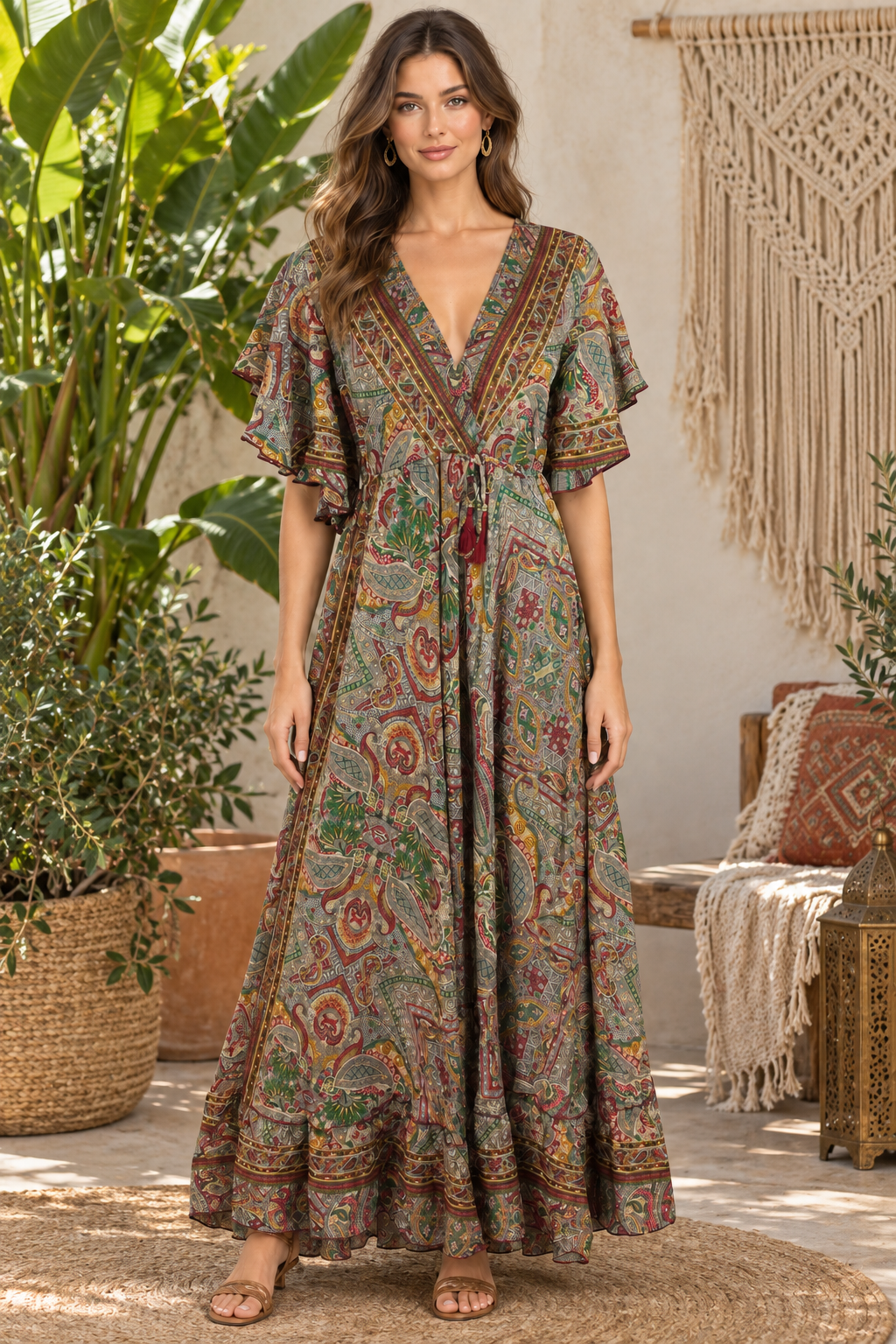Boho Maxikleid Taupe Olivgrün im Boho-Ambiente