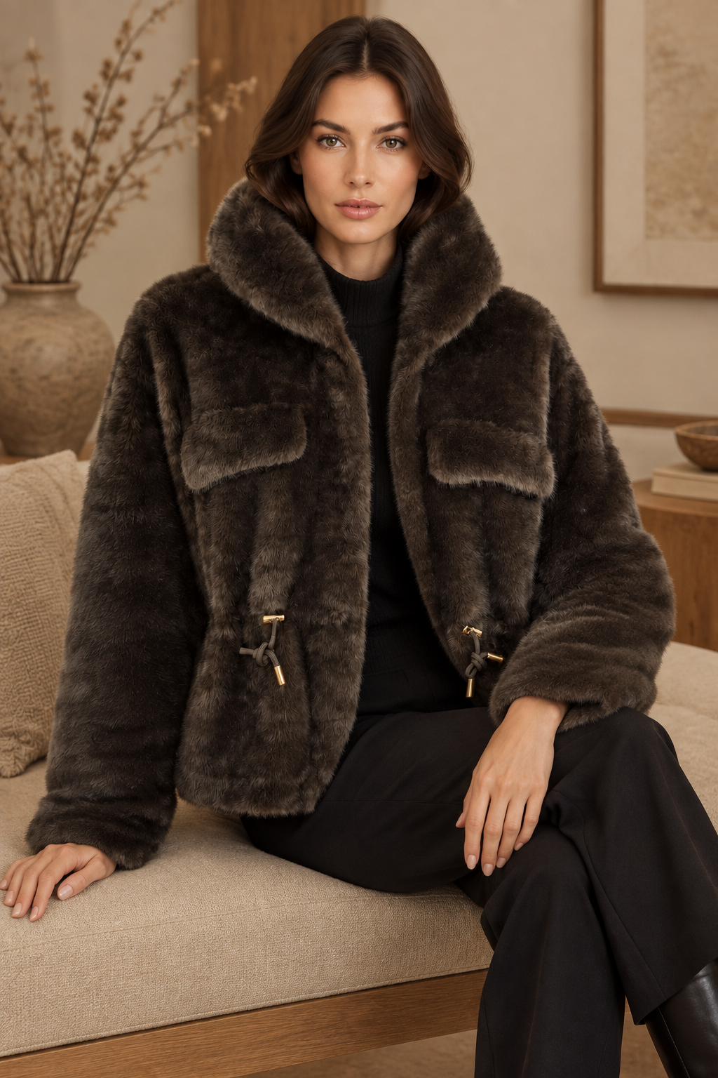 Model sitzt in einer dunkelbraunen Felljacke mit Brusttaschen