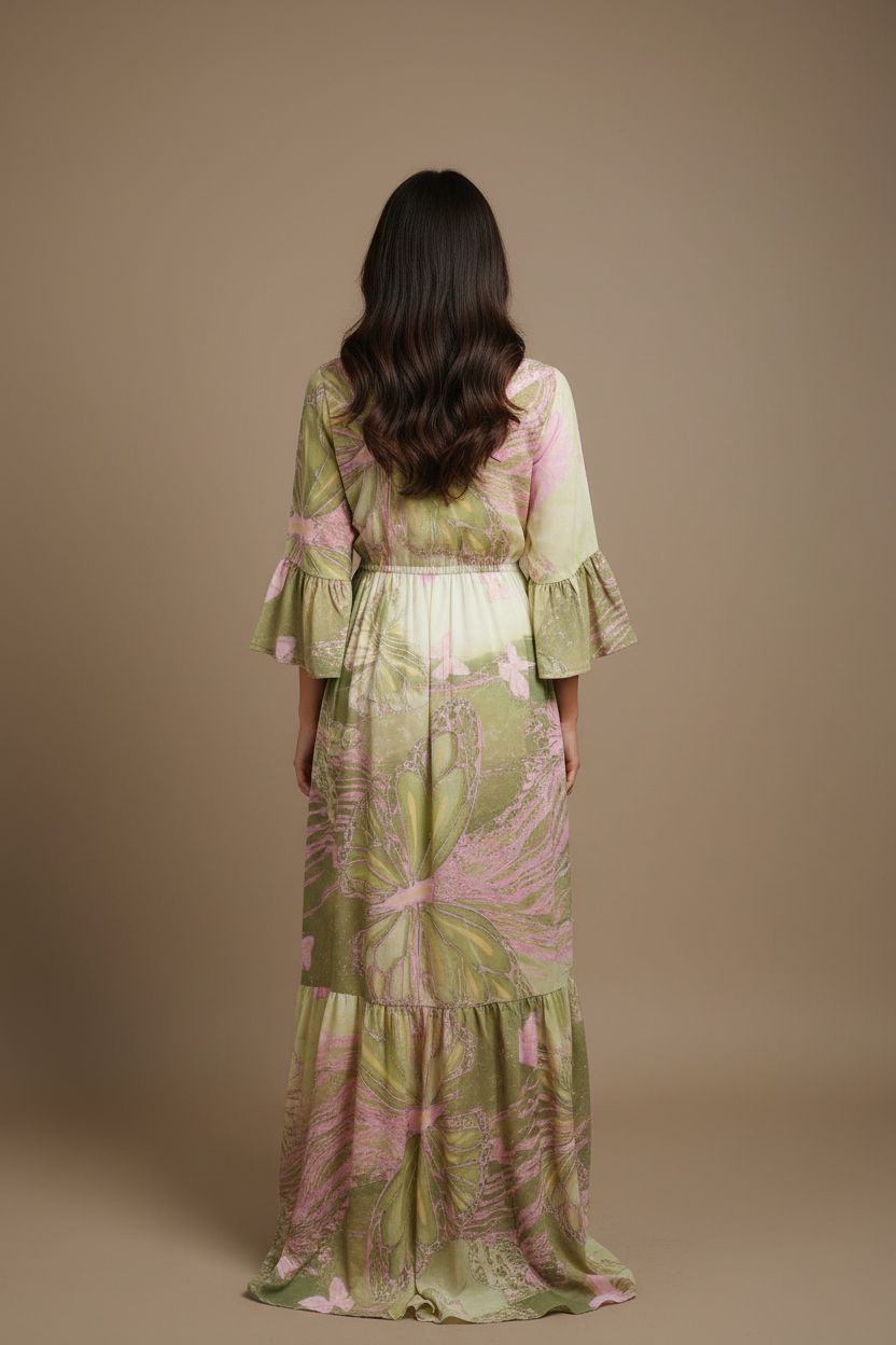 Boho Maxi Kleid Olive Pink Schmetterling – Rückseite