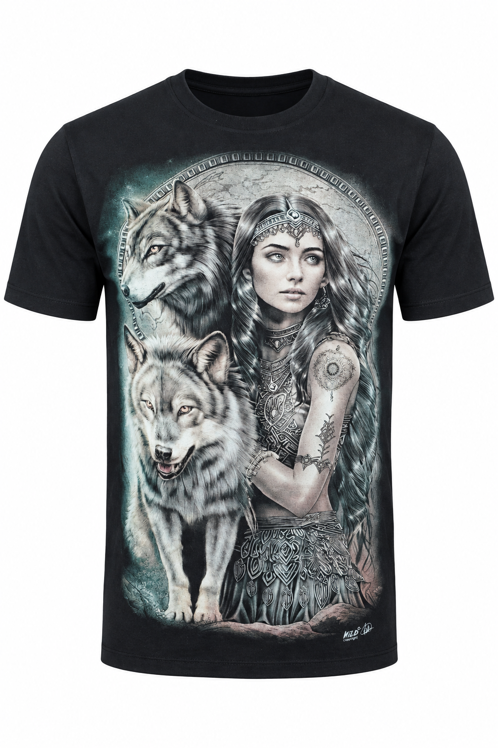 Schwarzes Moon Wolf Guardian T-Shirt mit Frau, zwei Wölfen und Mondornament