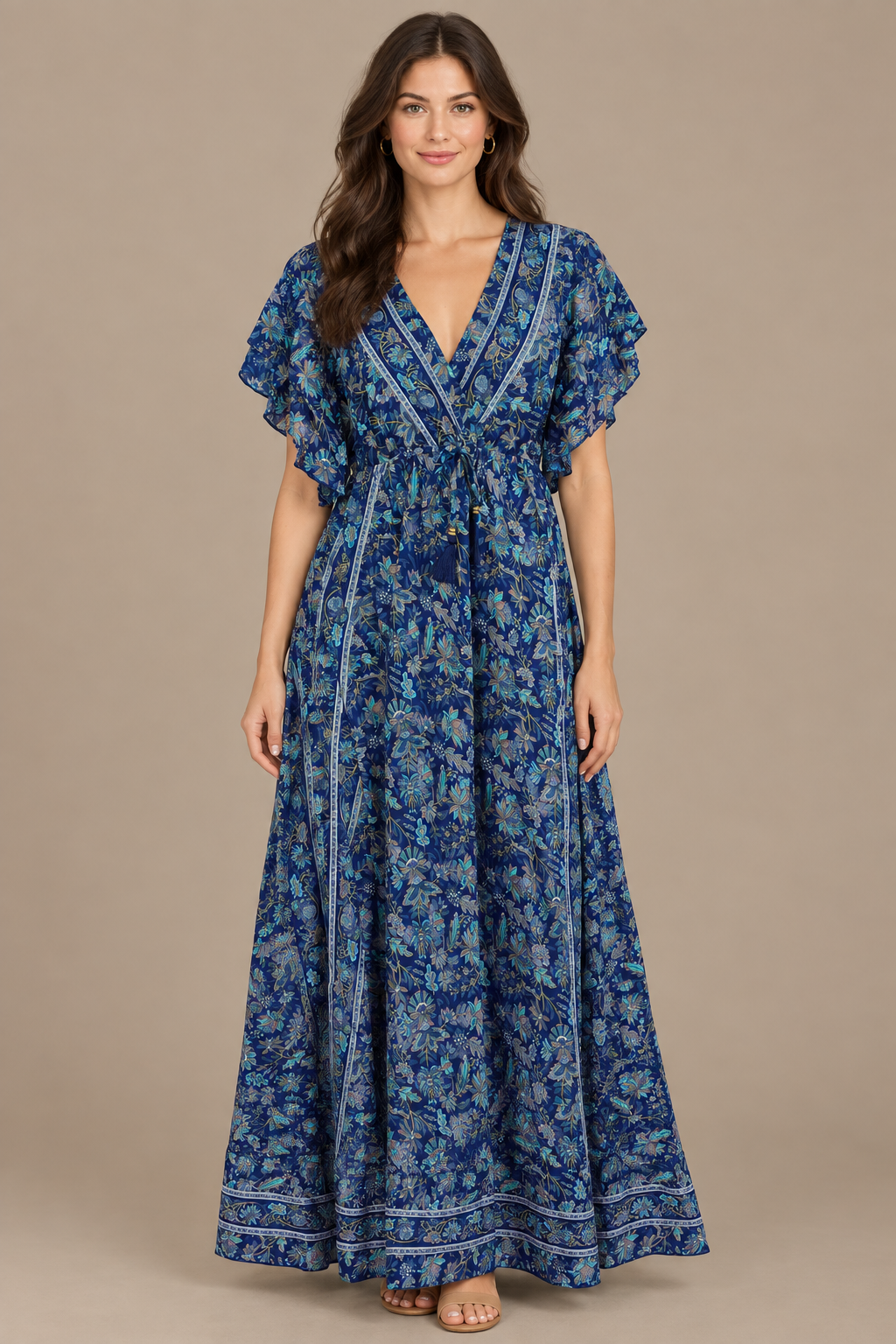 Boho Maxikleid Dunkelblau Türkis – Studio Vorderansicht