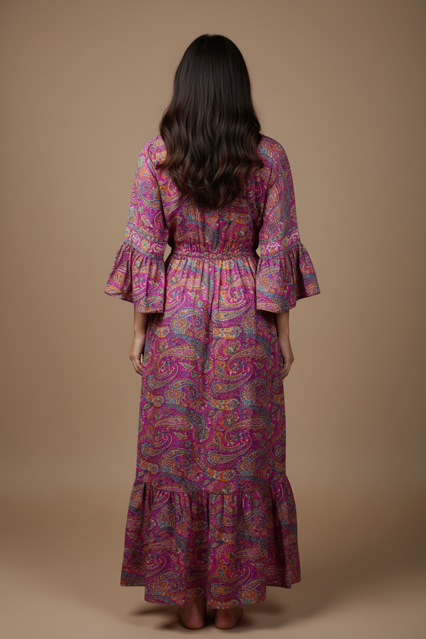 Boho Maxi Kleid Magenta Lila Paisley – Rückseite