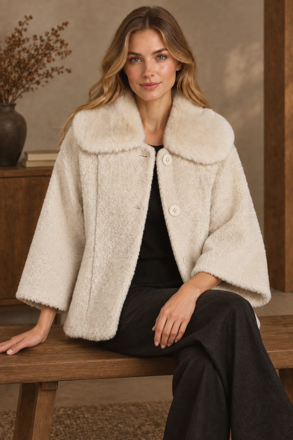Model sitzt in einem cremeweißen Teddy-Wintermantel mit Fellkragen