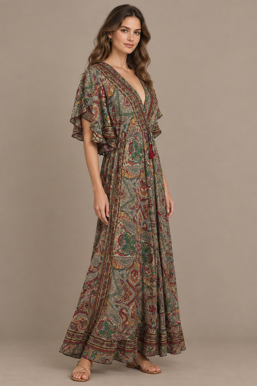 Boho Maxikleid Taupe Olivgrün – Seitenansicht