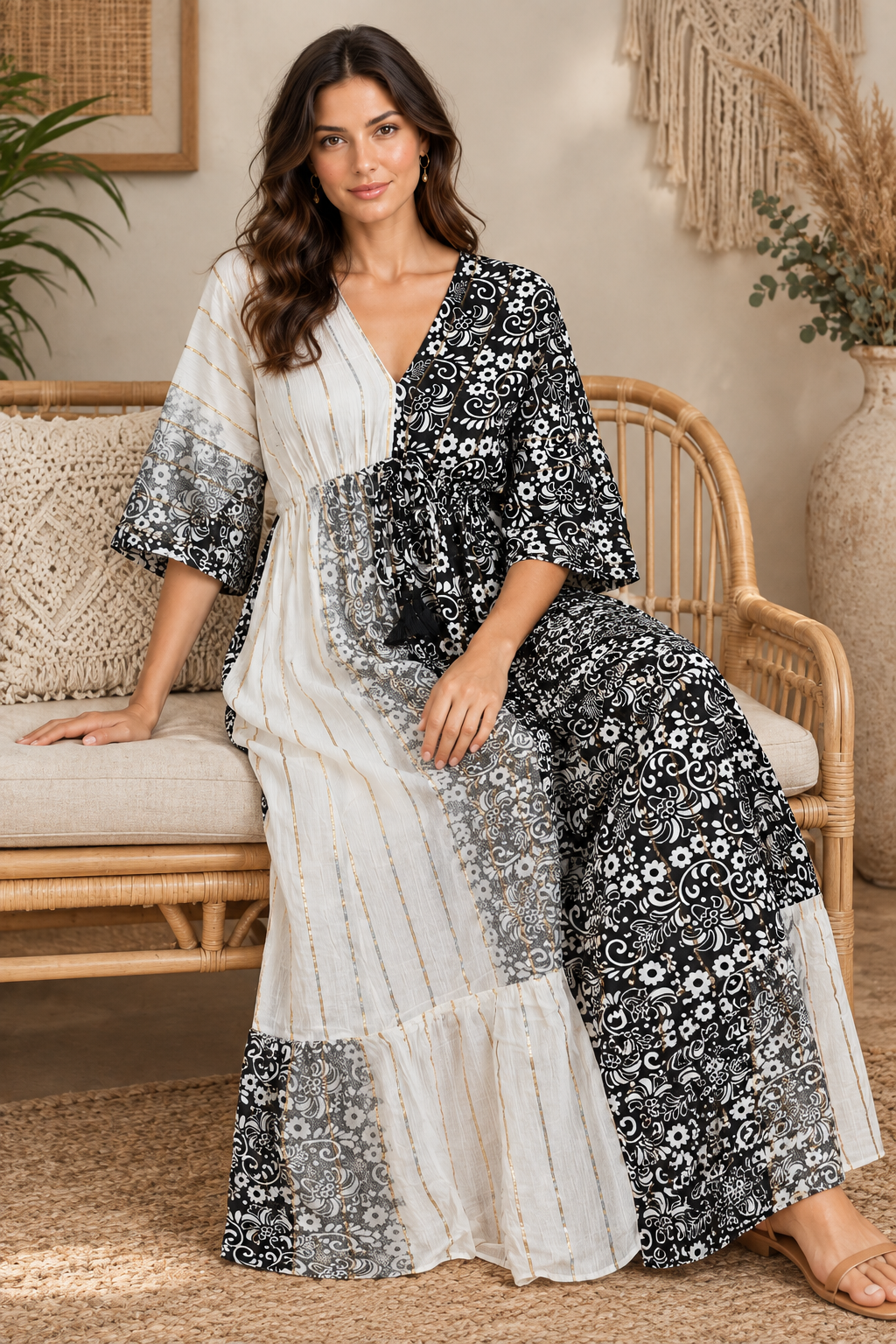 Boho Maxikleid Schwarz Weiß Patchwork – Sitzbild