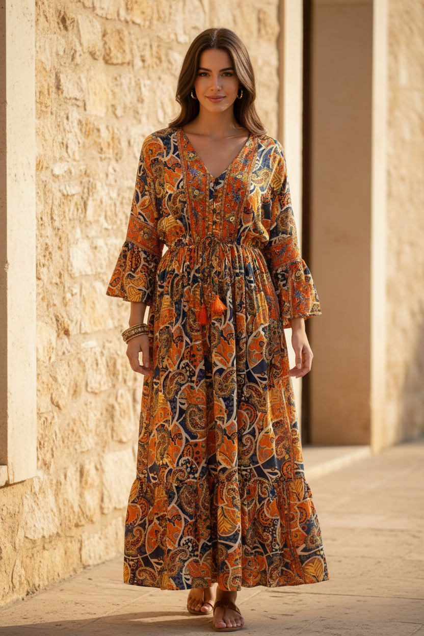 Boho Maxi Kleid Orange Marine Paisley – Steinwand Stehend