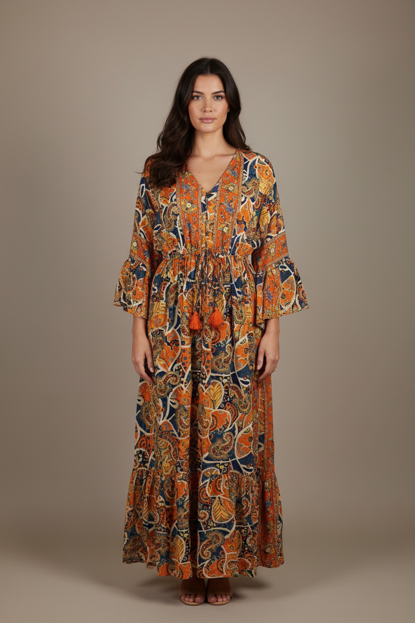 Boho Maxi Kleid Orange Marine Paisley – Studio Hauptbild