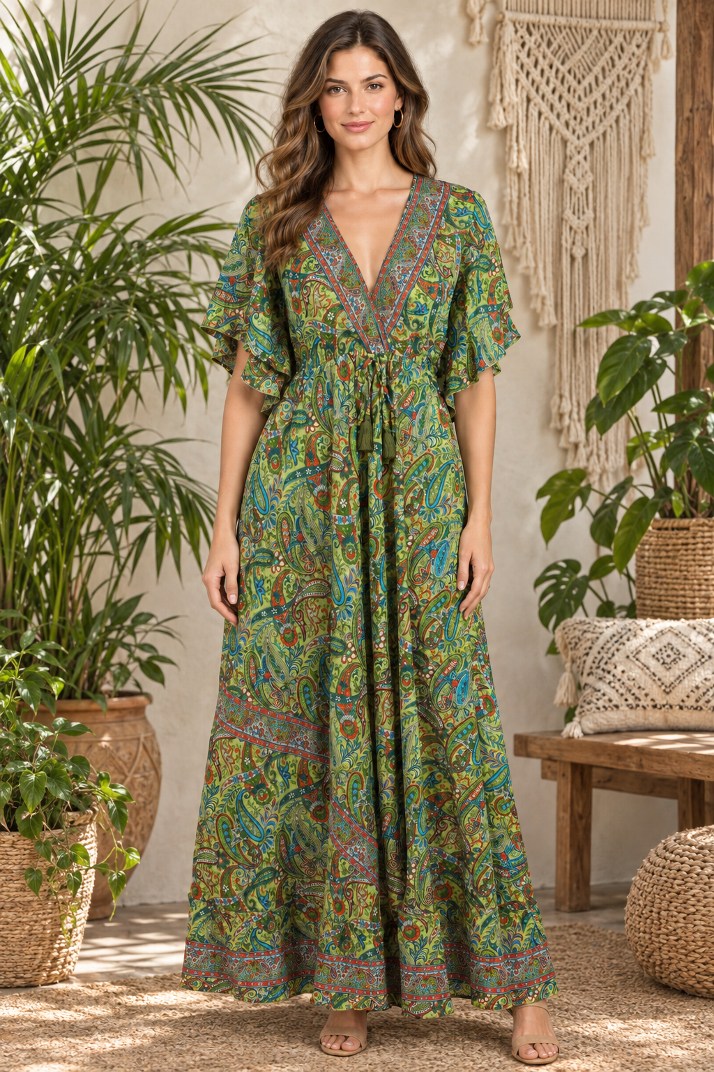 Boho Maxikleid Olivgrün Blau im Boho-Ambiente
