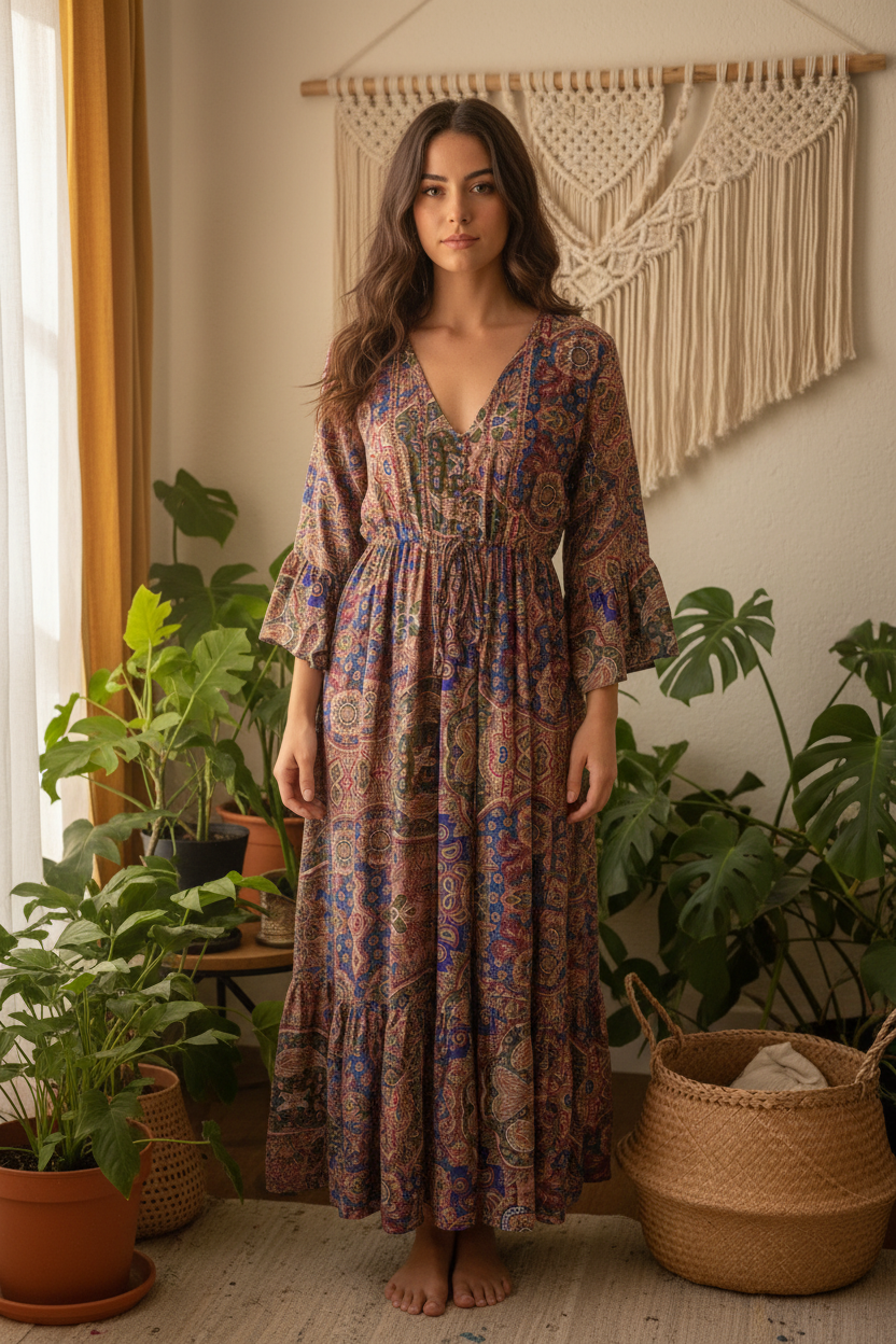 Boho Maxi Kleid Bordeaux Blau Patchwork – Boho Stehend
