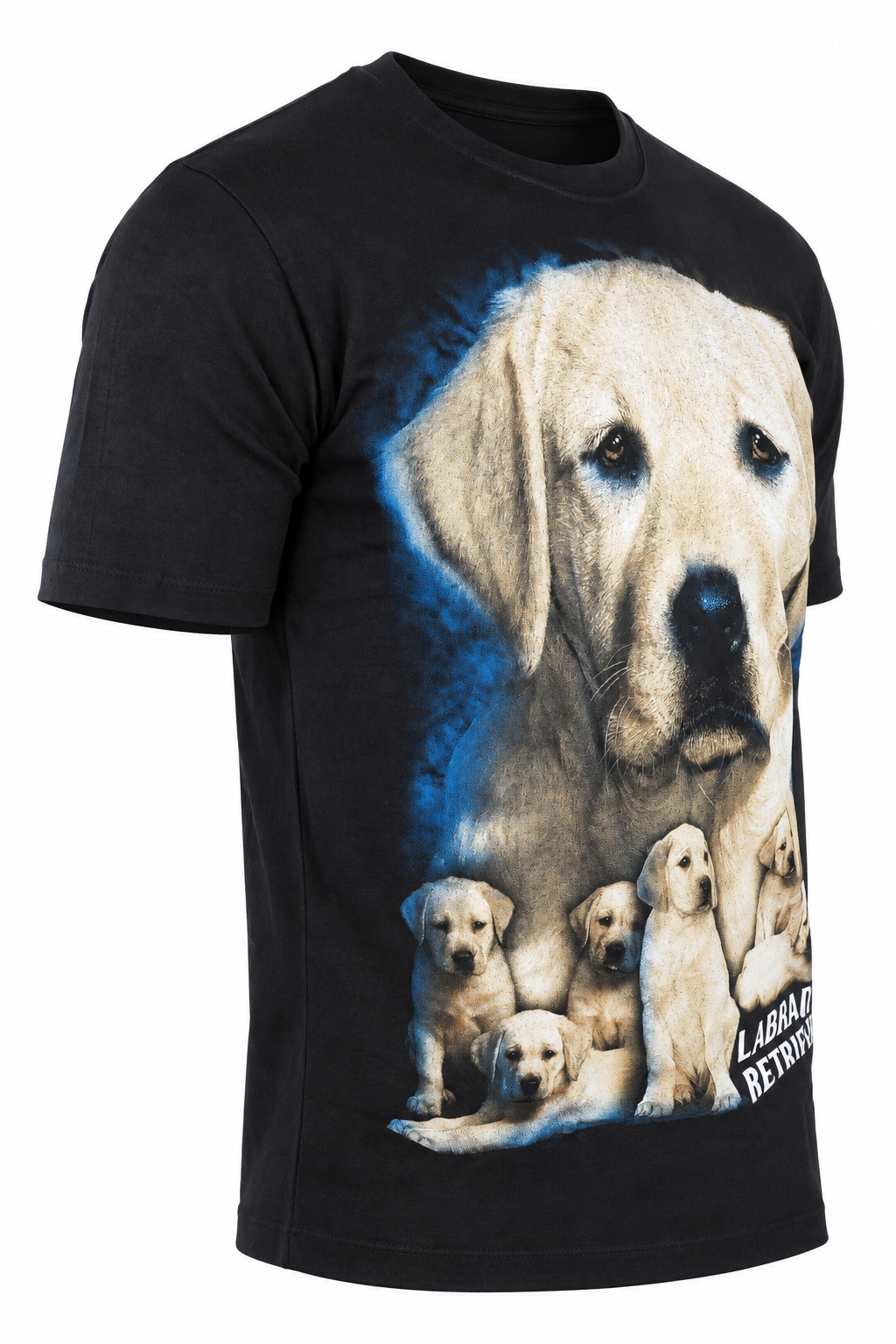 Labrador Retriever Family T-Shirt in der Seitenansicht auf digitalem Shop-Weiß