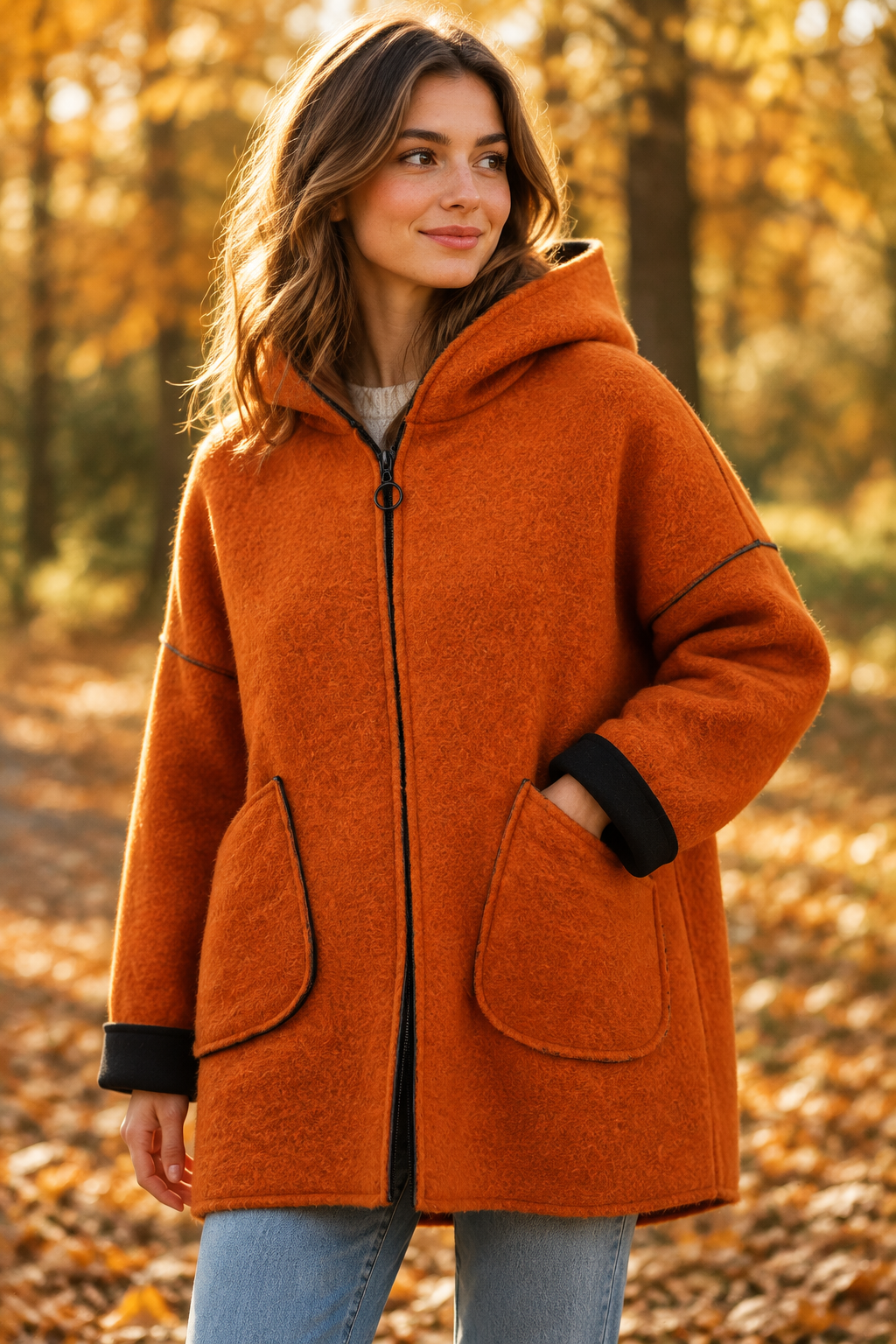Kapuzenjacke Wollfilz Orange – Herbst Moodbild