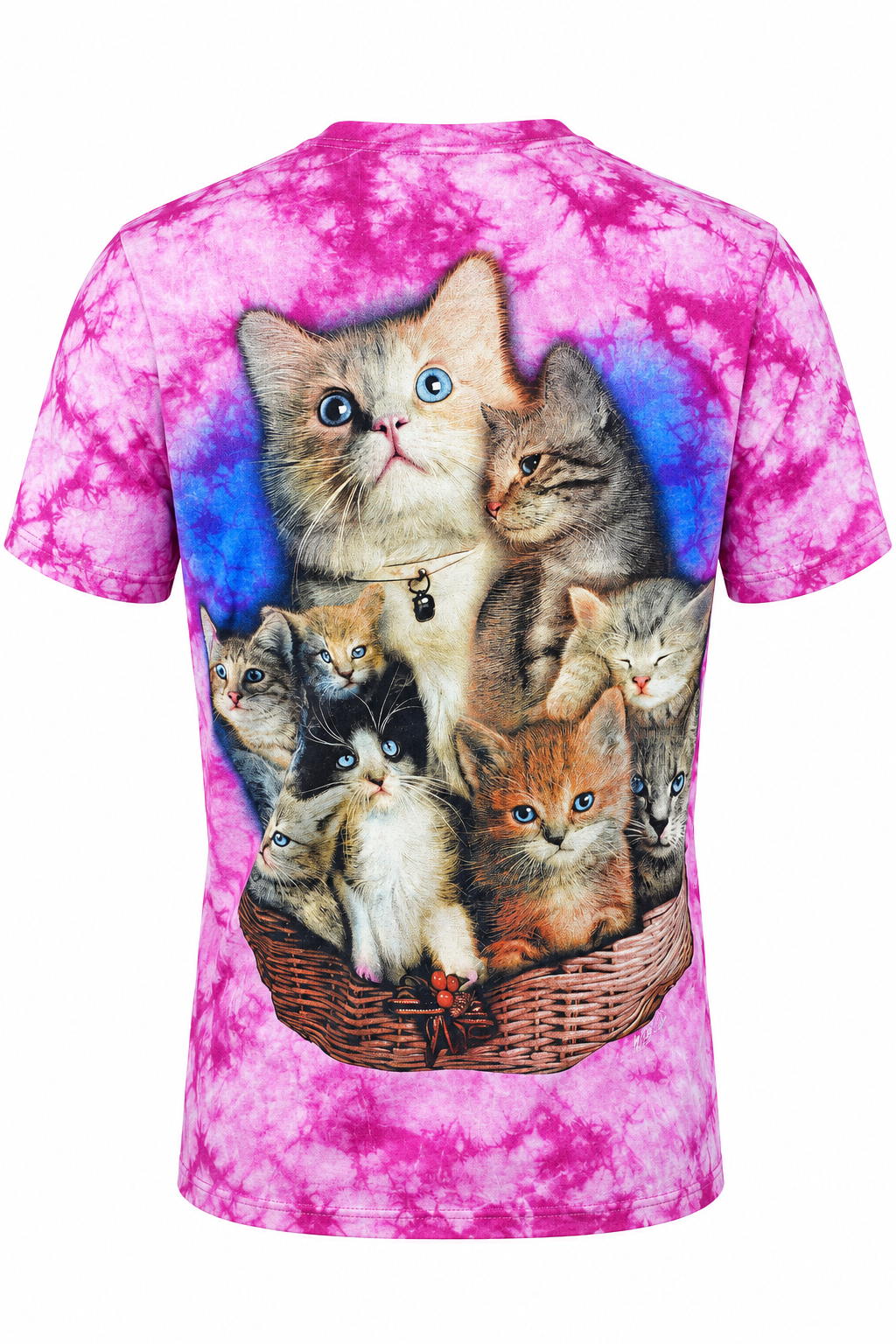 Rückseite des pinken Cats in Basket Damen T-Shirts mit großem Katzenmotiv