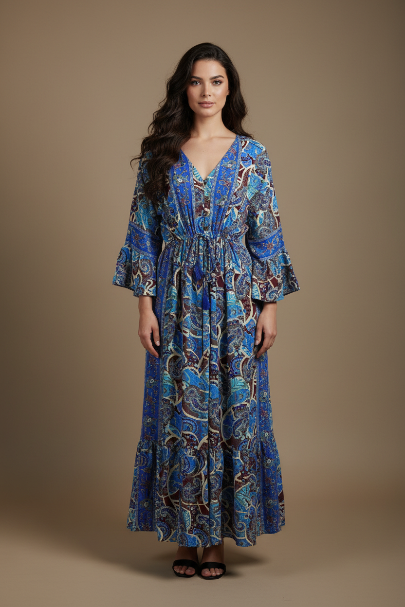 Boho Maxi Kleid Blau Bordeaux Paisley – Studio Hauptbild