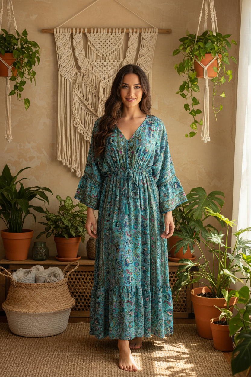 Boho Maxi Kleid Türkis Exotischer Print – Boho Stehend