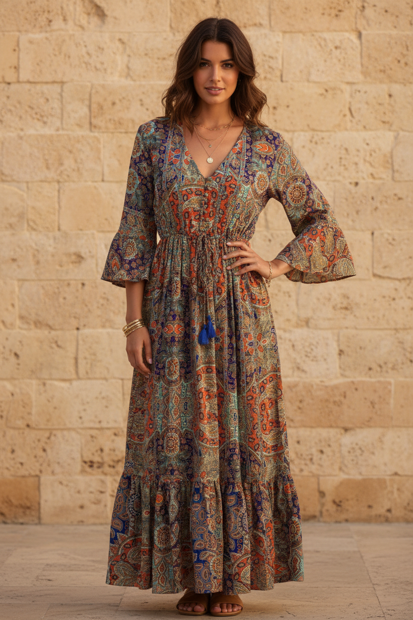 Boho Maxi Kleid Multicolor Patchwork Paisley – Steinwand Stehend
