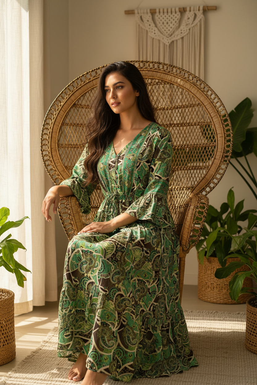 Boho Maxi Kleid Grün Türkis Paisley – Sitzbild