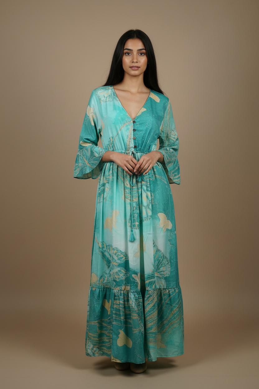 Boho Maxi Kleid Türkis Aqua Schmetterling – Studio Hauptbild