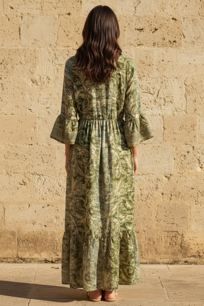 Boho Maxi Kleid Olive Gold Paisley – Rückseite Steinwand