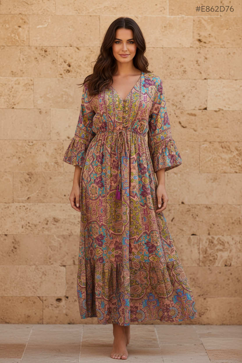 Boho Maxi Kleid Peach Türkis Patchwork – Steinwand Stehend